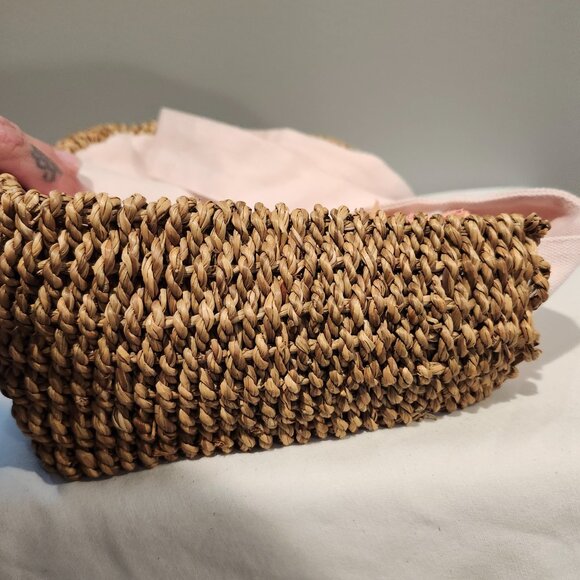 Vintage Purse Woven Rattan Sides Bottom Rattan Straw Flowers Pink Cotton... - Picture 5 of 6